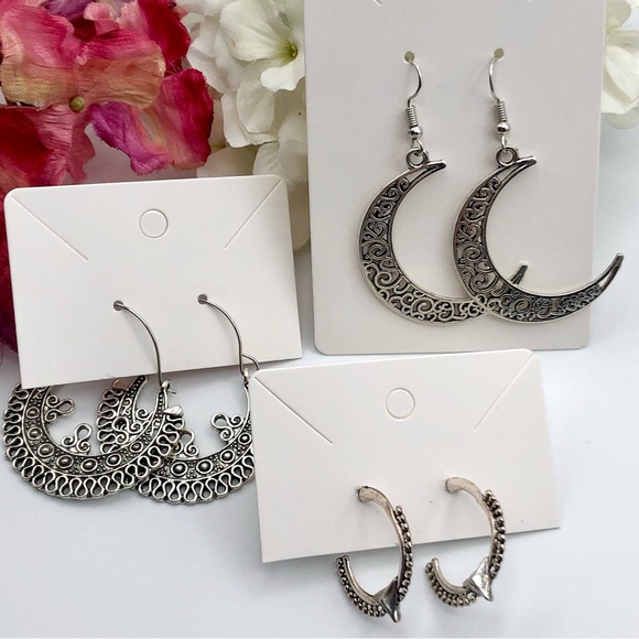 Bali Style Openwork Filigree Silver Tone Hoop Earring Lot Crescent Huggie Boho - Picture 2 of 15